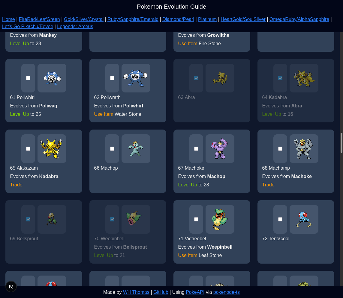 Screenshot of my Pokemon Evolution Guide web app in desktop view